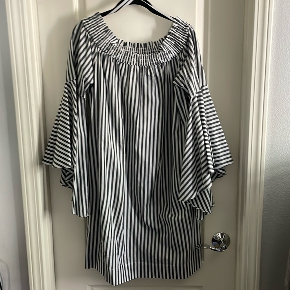 Gray and White Striped Off-the-Shoulder Dress